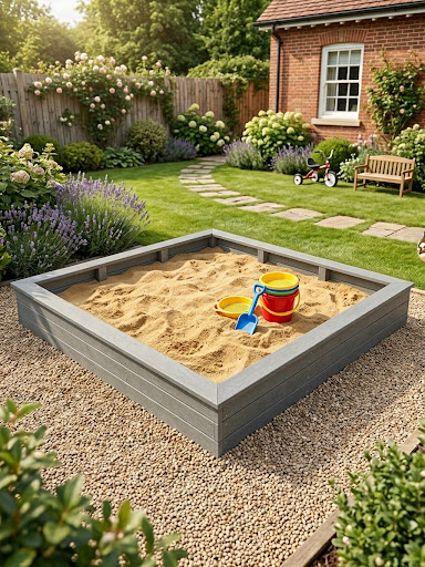 Zandbak bouw pakket grijs circa 300 x 300 x 40 cm hoog materialen met veiligheid keuring DIN 71-3 voor speel toestellen